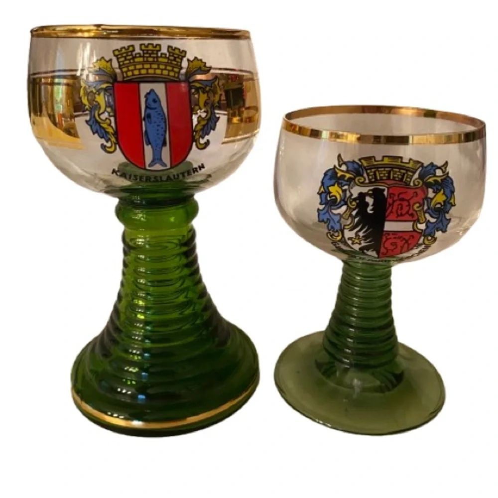 Vintage German Glass Goblets w/ Coat of Arms 2 Pc 5 1/4 and 4 1/4 MCM Barware